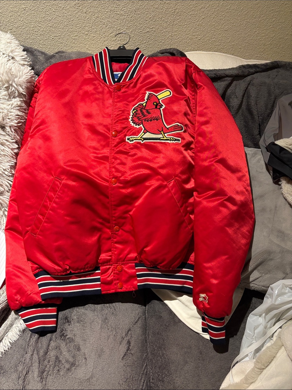 Vintage Red Satin Baseball Jacket with Cardinal Patch